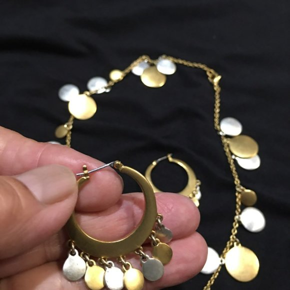 gold and silver metal disc necklace and earrings set - Picture 2 of 2